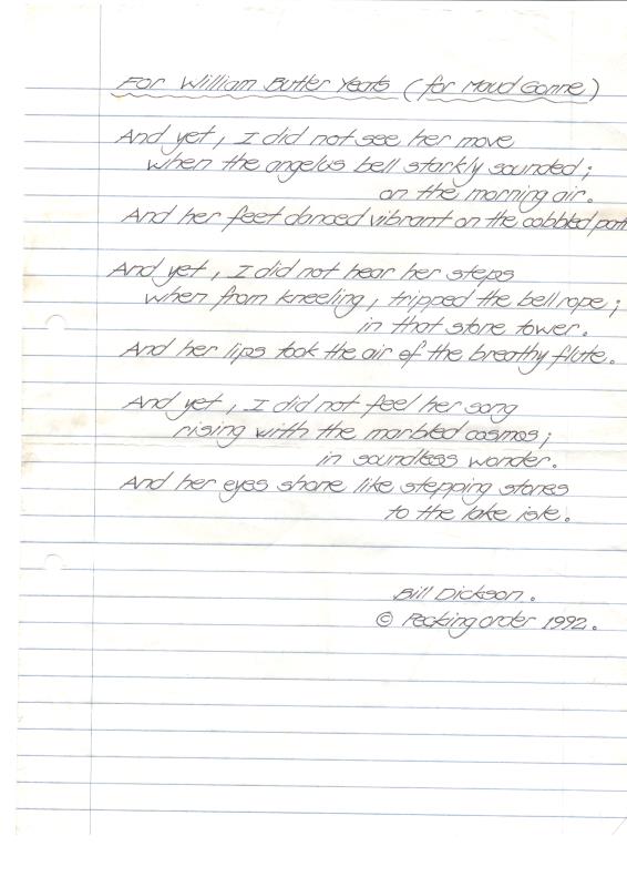 Handwritten lyrics, “For William Butler Yeats” by Bill Dickson - 1992