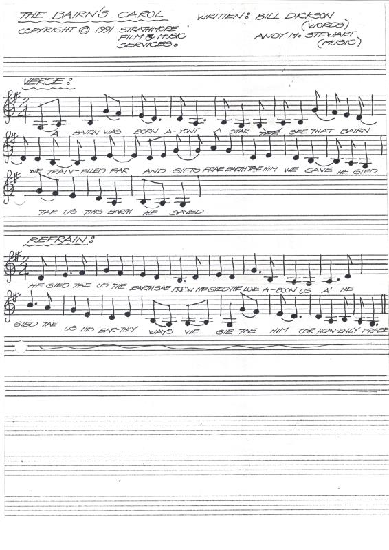 Handwritten sheet music, “The bairns carol” by Bill Dickson - 1991