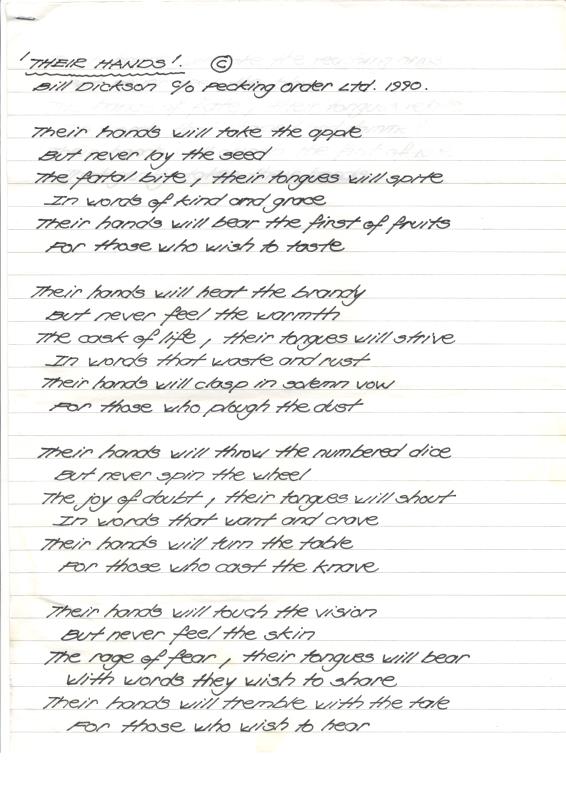 Handwritten lyrics, “Their hands” by Bill Dickson - 1990