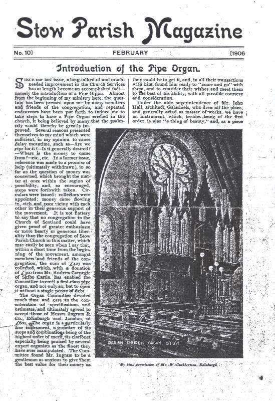 Copy of Stow Parish Magazine, article about introduction of pipe organ - February 1906