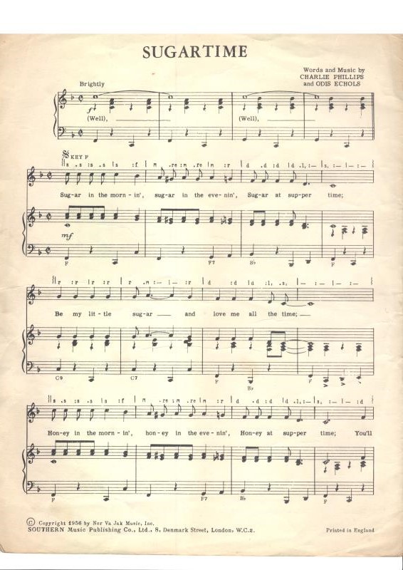 Sheet music “Sugar time” , sung by Mick Riddell when at Stow Primary School to Pensioners, donated by Fiona Riddell - 1950s