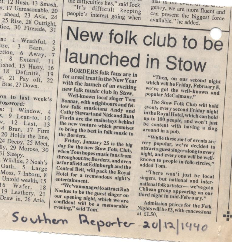 Article from Southern Reporter about launch of new Stow Folk club - 20th December 1990