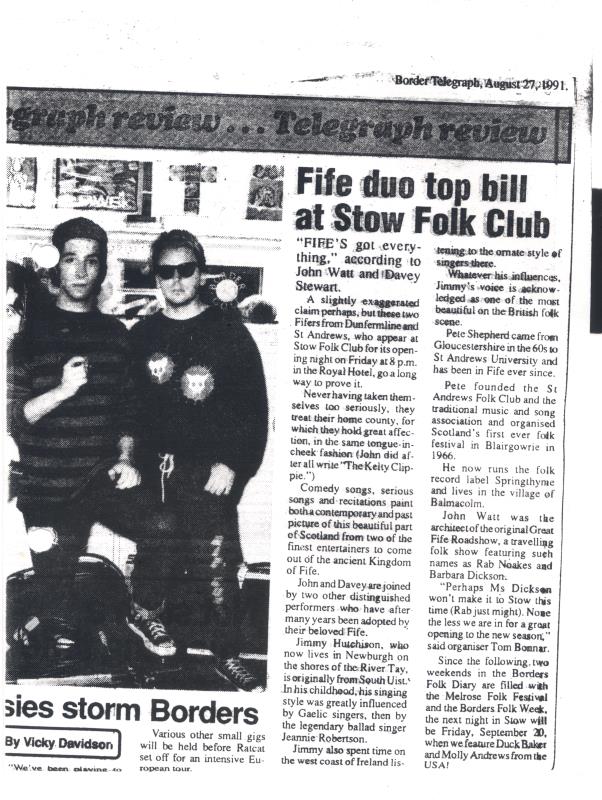 Article from Border Telegraph about Fife duo playing at Stow Folk club - 27th August 1991