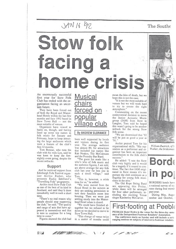 Article from Southern Reporter about launch of concerns about venue of  Stow Folk club - 16th January 1992