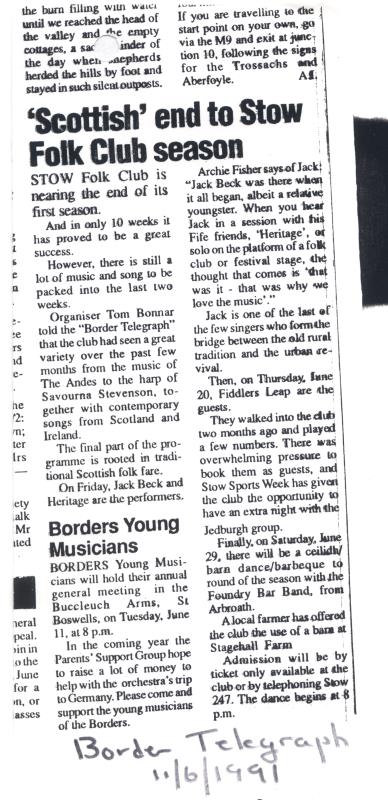 Article from Border Telegraph about end of Stow Folk club’s first season. - 11th June 1991
