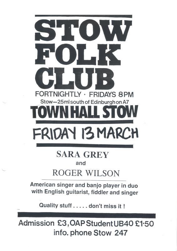 Flier for Stow Folk Club, featuring Sara Grey & Roger Wilson - 13th March unknown year