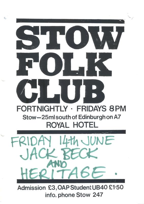 Flier for Stow Folk Club, featuring Jack Beck & Heritage - 14th June unknown year