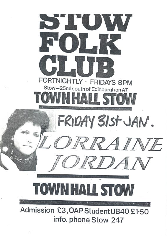 Flier for Stow Folk Club, featuring Lorraine Jordan - 31st January unknown year