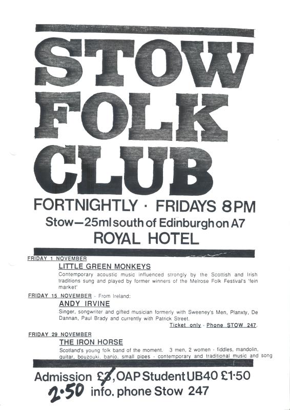 Flier for Stow Folk Club, featuring Little Green Monkeys, Andy Irvine & The Iron Horse - 1st, 15, & 29th November unknown year