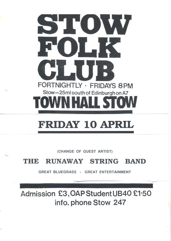 Flier for Stow Folk Club, featuring the Runaway String band. - 10th April unknown year