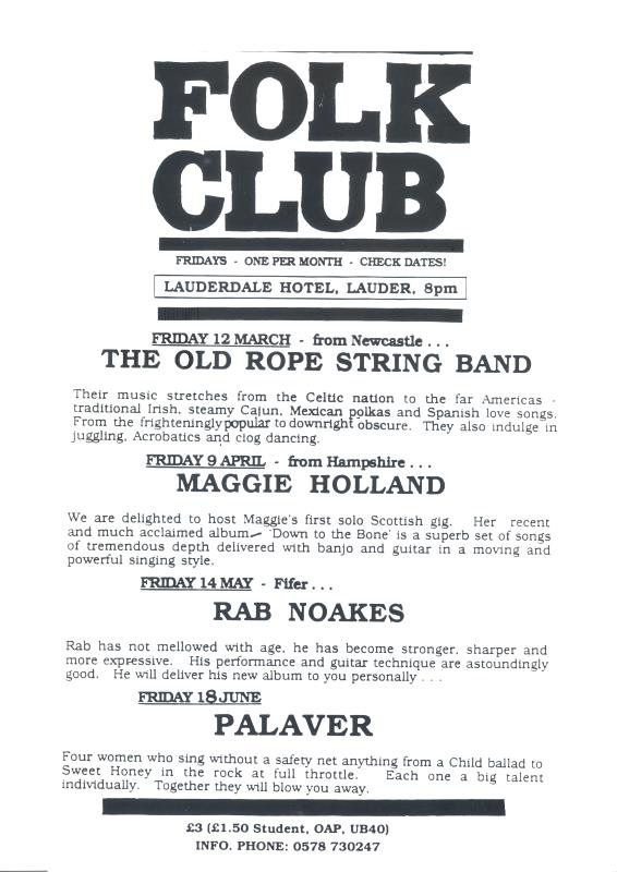 Flier for Stow Folk Club, featuring the Old Rope String Band, Maggie Holland, Rob Noakes & Palaver - 12th March, 9th April, 14th May & 18th June unknown year