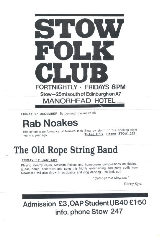 Flier for Stow Folk Club, featuring Rap Noakes & the Old Rope String band. - 27th December & 17th January unknown year