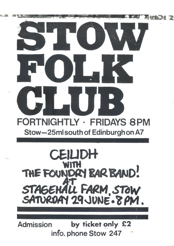Flier for Stow Folk Club, Ceilidh featuring the Foundry Bar Band - 29th June unknown year