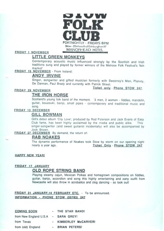 Flier for Stow Folk Club, featuring Little Green Monkeys, Andy Irvine, The Iron Horse, Gill Bowman, Rob Noakes & the Old Rope String Band - 1st, 15th & 29th November, 12th & 27th december & 17th January unknown year