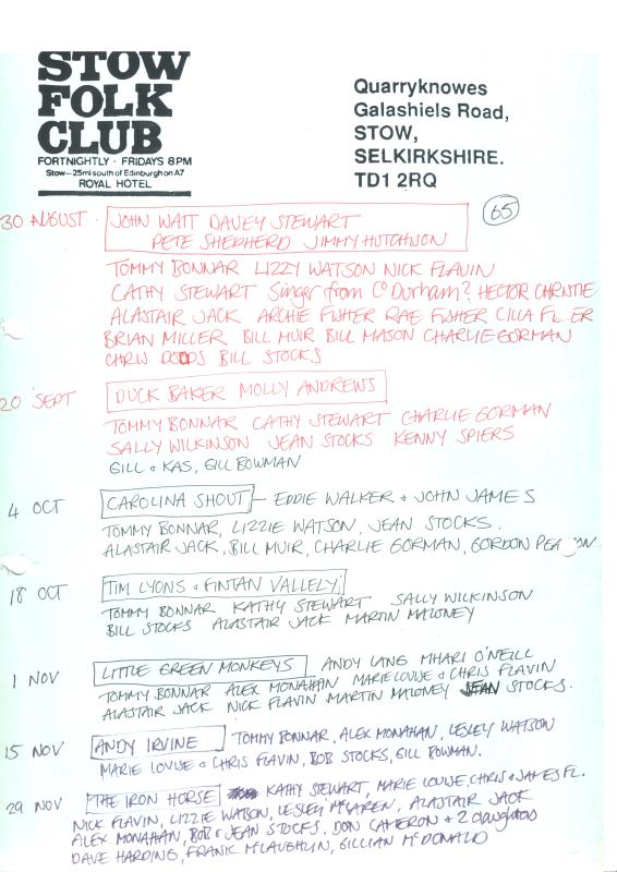 Stow Folk Club handwritten playlist  - 30th August to 29th November unknown year