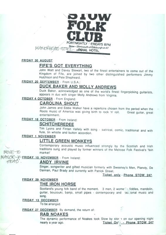 Stow Folk Club typed playlist - 30th August to 27th December unknown year