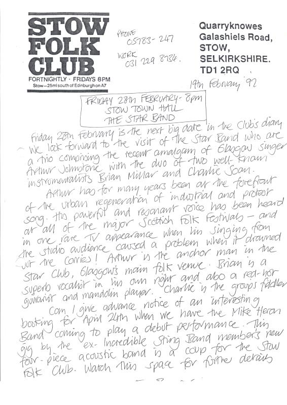 Stow Folk Club handwritten correspondence - 19th February 1992