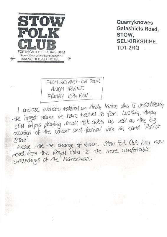 Stow Folk Club handwritten correspondence - 15th November unknown year