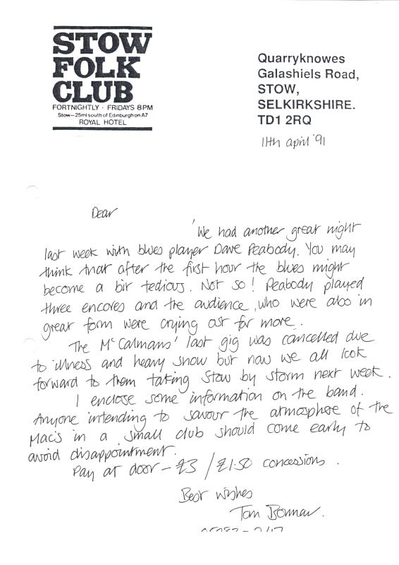 Stow Folk Club handwritten correspondence - 11th April 1991