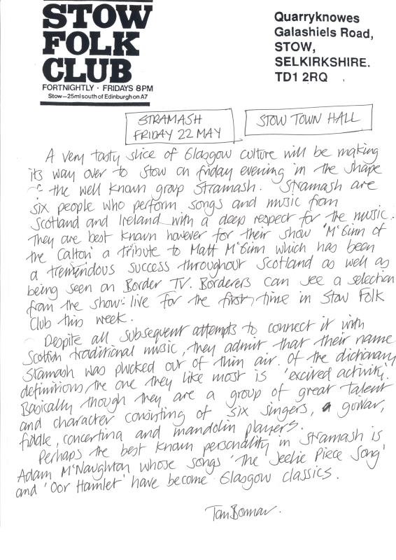 Stow Folk Club handwritten correspondence - 22nd May unknown year 