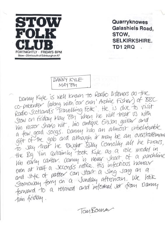 Stow Folk Club handwritten correspondence - 8th May unknown year
