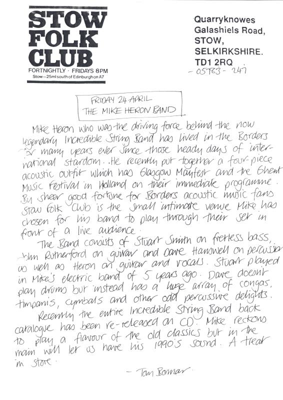 Stow Folk Club handwritten correspondence - 24th April unknown year