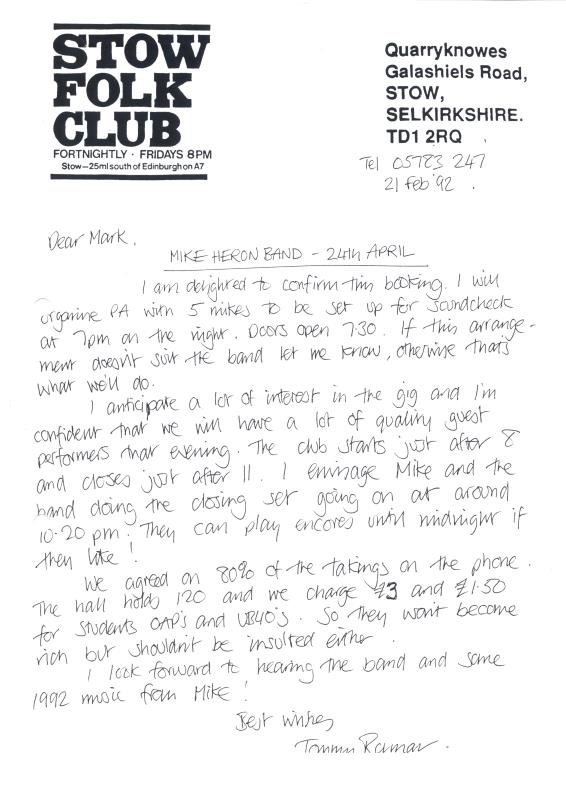 Stow Folk Club handwritten correspondence - 21st February 1991