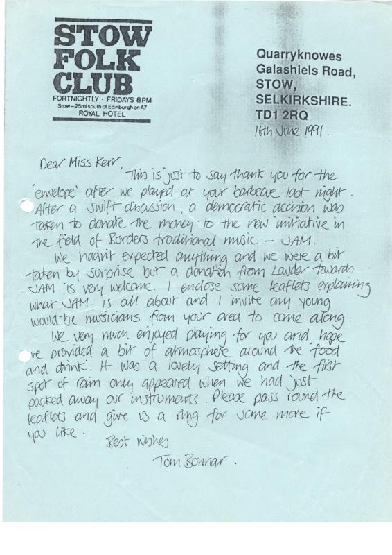 Stow Folk Club handwritten correspondence - 16th June 1991
