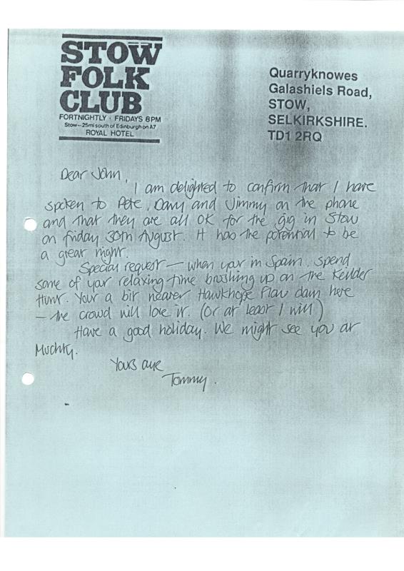 Stow Folk Club handwritten correspondence - No date