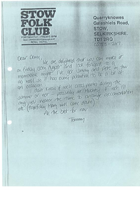 Stow Folk Club handwritten correspondence - no date