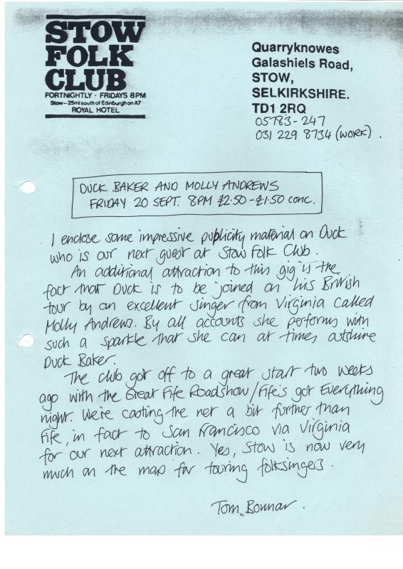 Stow Folk Club handwritten correspondence - 20th September unknown year