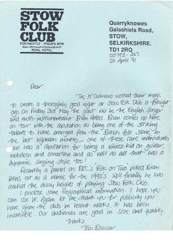 Stow Folk Club handwritten correspondence - 26th April 1991