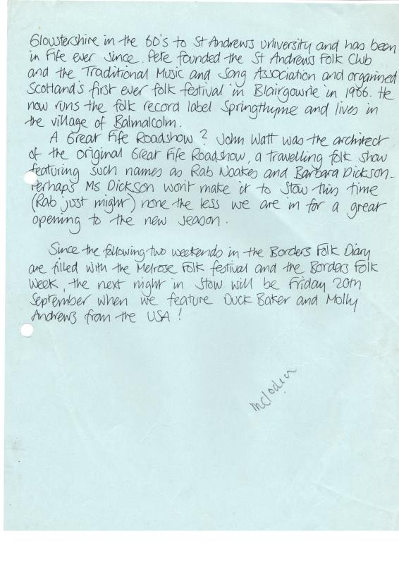 Stow Folk Club handwritten correspondence - 30th August  unknown year