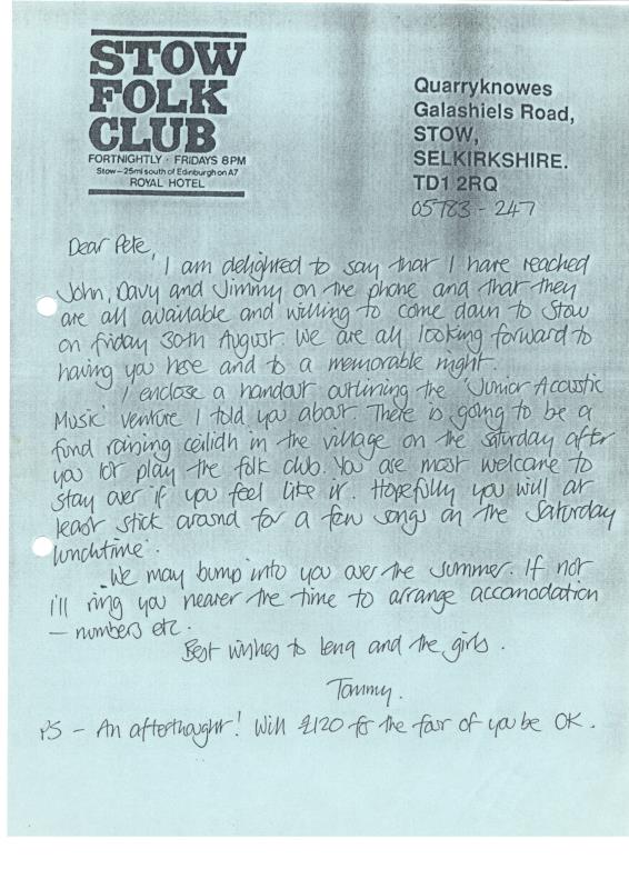 Stow Folk Club handwritten correspondence - unknown date
