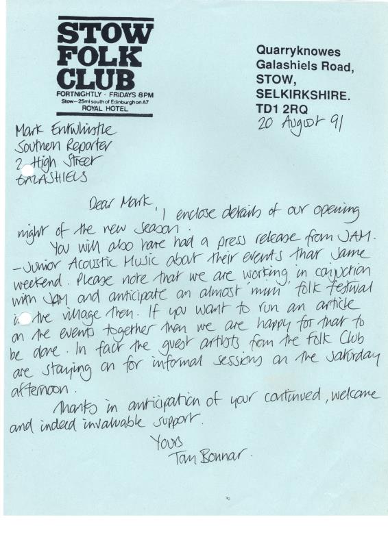 Stow Folk Club handwritten correspondence - 20th August 1991