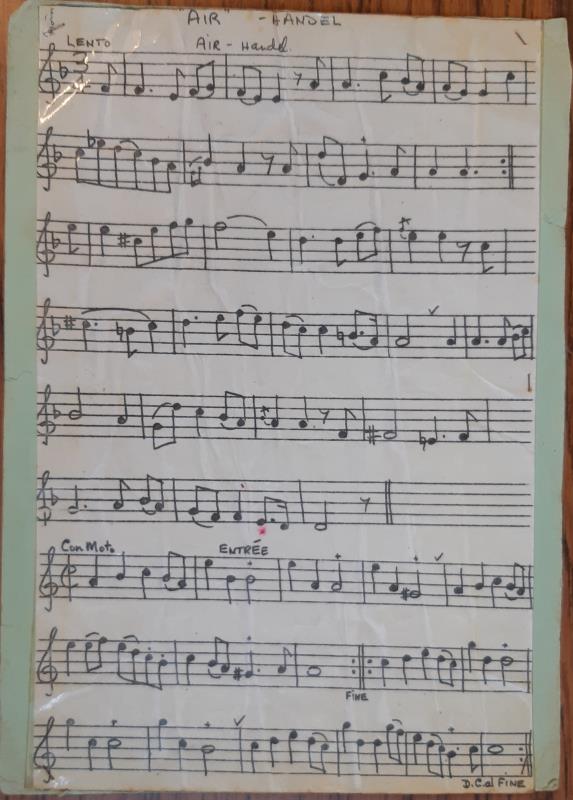 Handwritten sheet music, “Handel Air”, played on recorder by Fiona Riddell when at Stow Primary School, donated by Fiona Riddell - 1950s