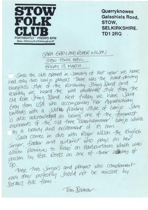 Stow Folk Club handwritten correspondence - 13th March unknown year 