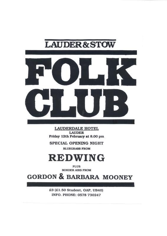 Flier for Lauder & Stow Folk Club featuring Redwing - 12th February unknown year 