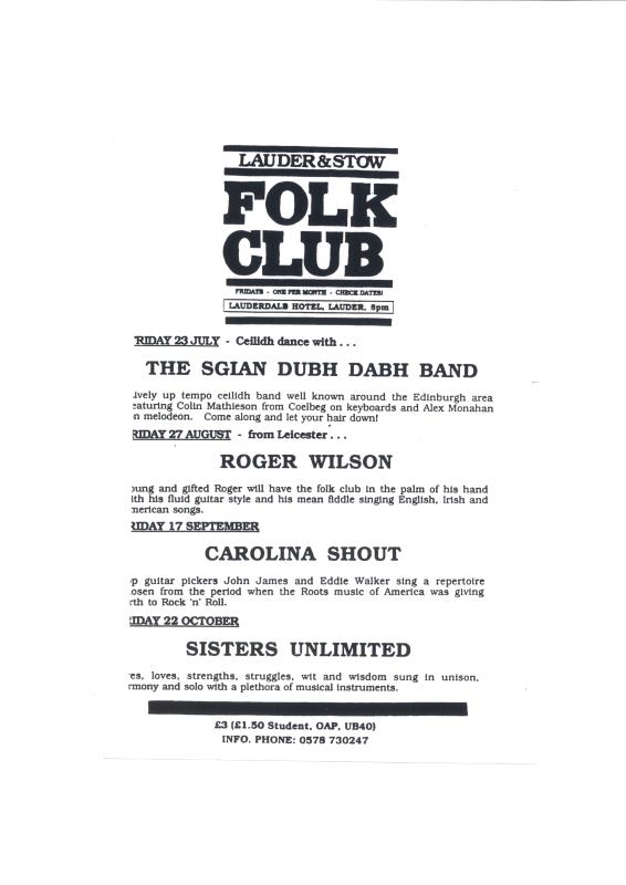 Lauder & Stow Folk Club typed playlist - 23rd July to 22nd October unknown year