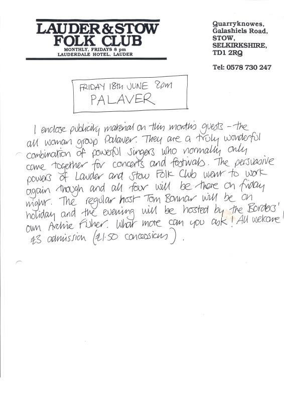 Lauder & Stow Folk Club handwritten correspondence - 18th June unknown year