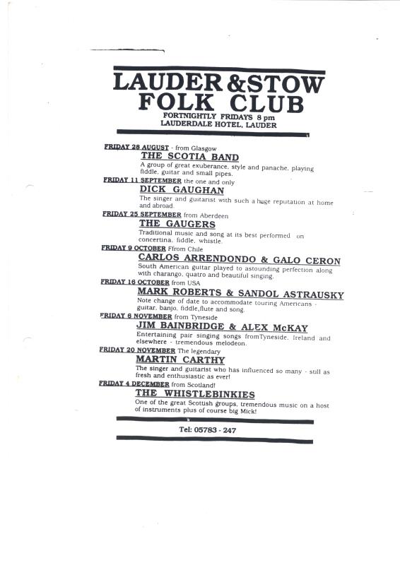 Lauder & Stow Folk Club typed playlist - 28th August to 4th December