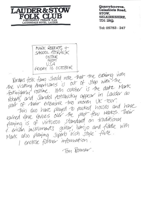 Lauder & Stow Folk Club handwritten correspondence - 16th October unknown year