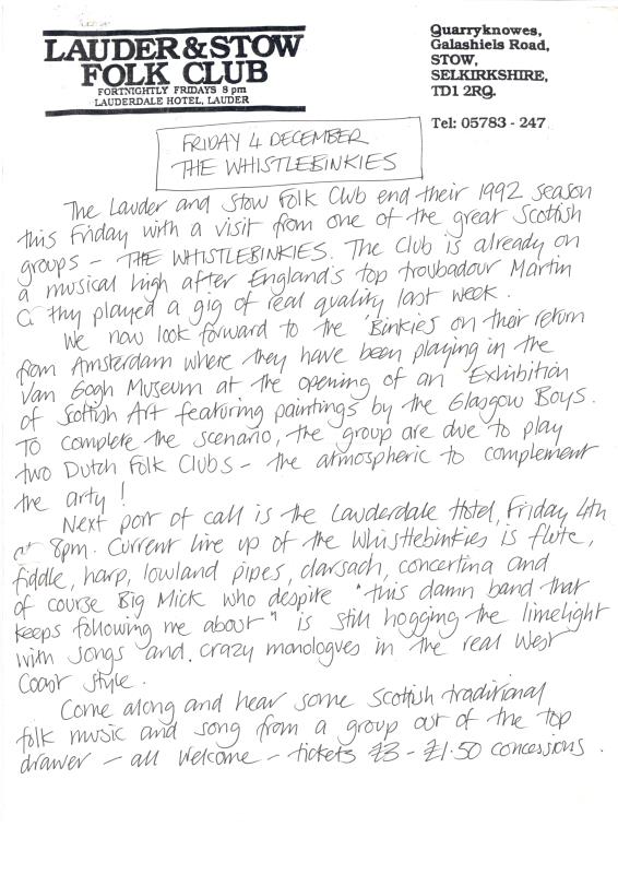 Lauder & Stow Folk Club handwritten correspondence - 4th December unknown year 
