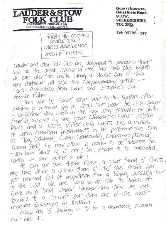 Lauder & Stow Folk Club handwritten correspondence - 9th October unknown year
