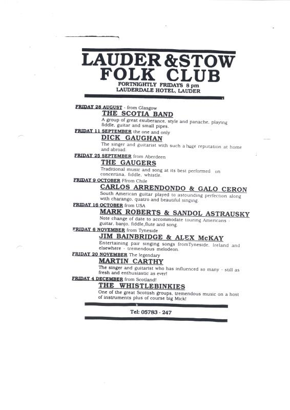 Lauder & Stow Folk Club typed playlist - 28th August to 4th December unknown year