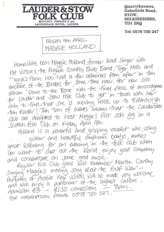 Lauder & Stow Folk Club handwritten correspondence - 9th April unknown year 