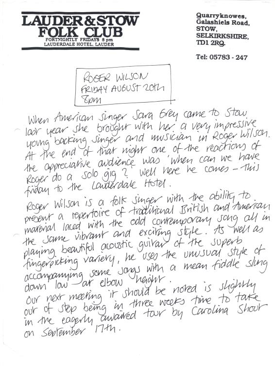 Lauder & Stow Folk Club handwritten correspondence - 20th August unknown year