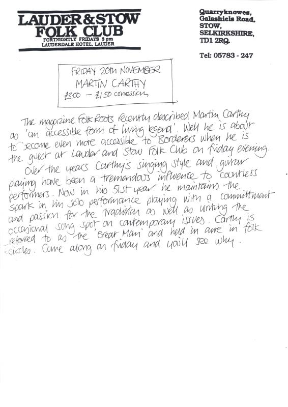 Lauder & Stow Folk Club handwritten correspondence - 20th November unknown year