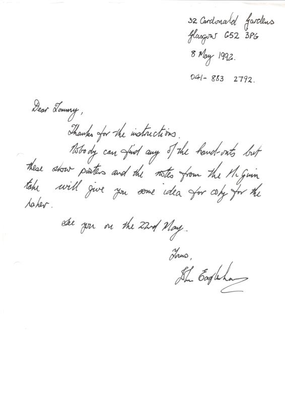 Correspondence regarding Stow Folk Club  - 8th May 1992