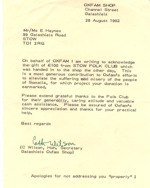 Correspondence from Oxfam regarding Stow Folk club donation  - 28th August 1992